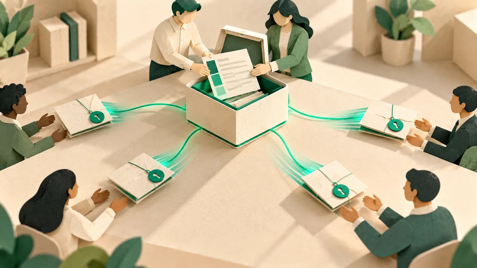 A shared box for joint analysis at a table, with separate keyed packets going out to each partner.