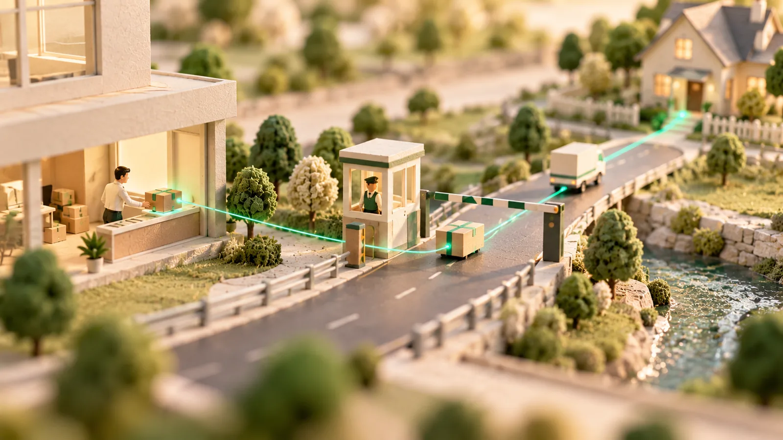 A parcel passing a checkpoint and continuing to its destination, still tied back to the sender by a green thread.