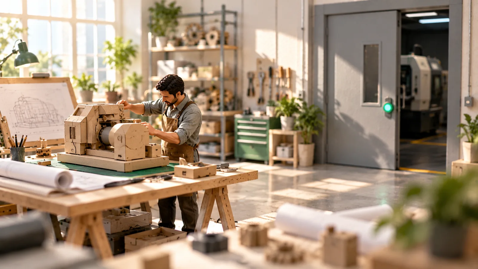 A contractor building on a cardboard stand in while the real machine stays behind a closed door with a green light.