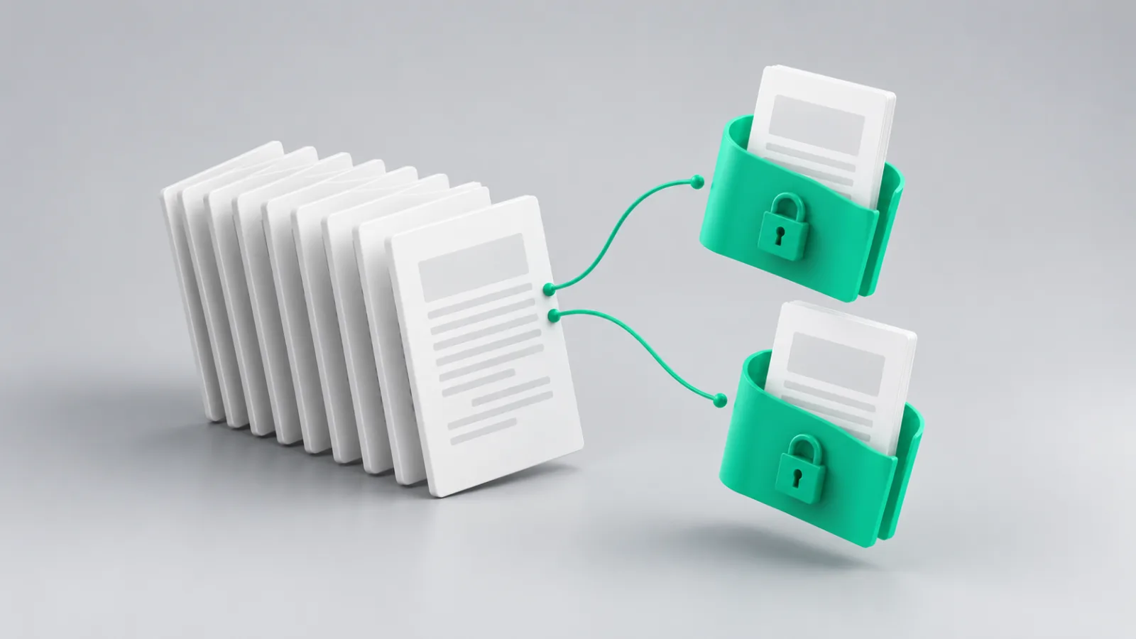 A row of document pages with only two of them sent on, each held in an emerald case with a padlock.