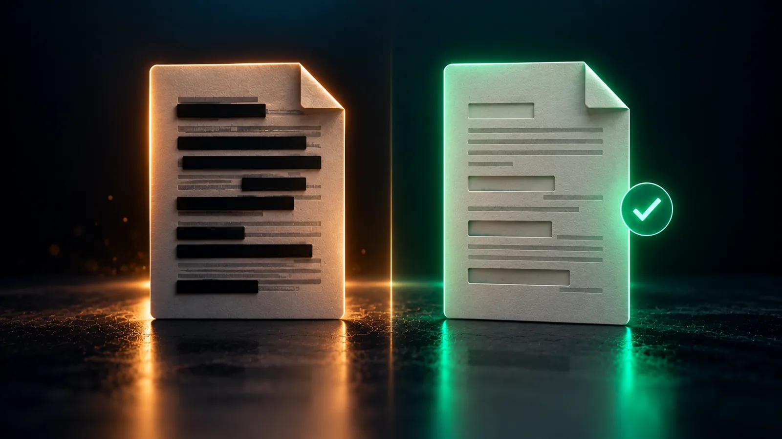 A page with black bars where the text still shows through, next to a page where the text is truly deleted, marked with a green check.