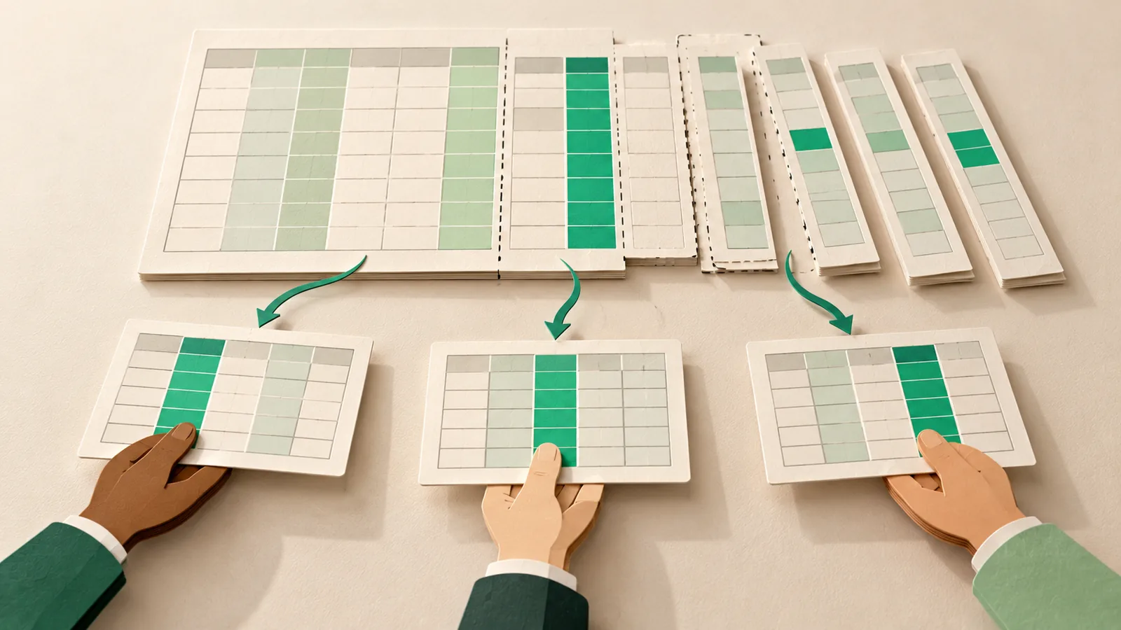 A spreadsheet cut into slimmer sheets, each held by a different person and holding only the columns they should see.