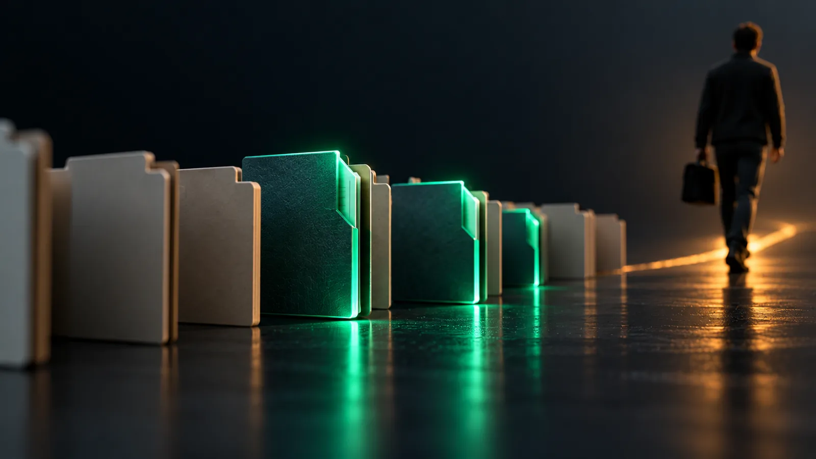 A person leaving with a bag while the protected code files stay sealed and glowing behind them.