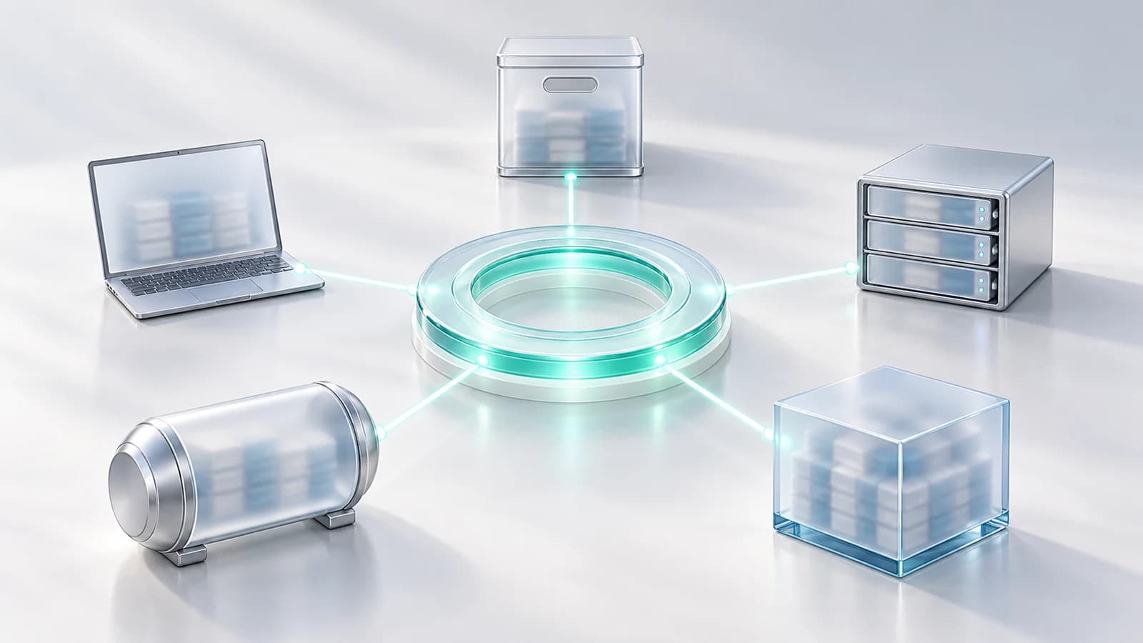 Five intact copies of a dataset connected to one central policy that controls whether their contents are readable.