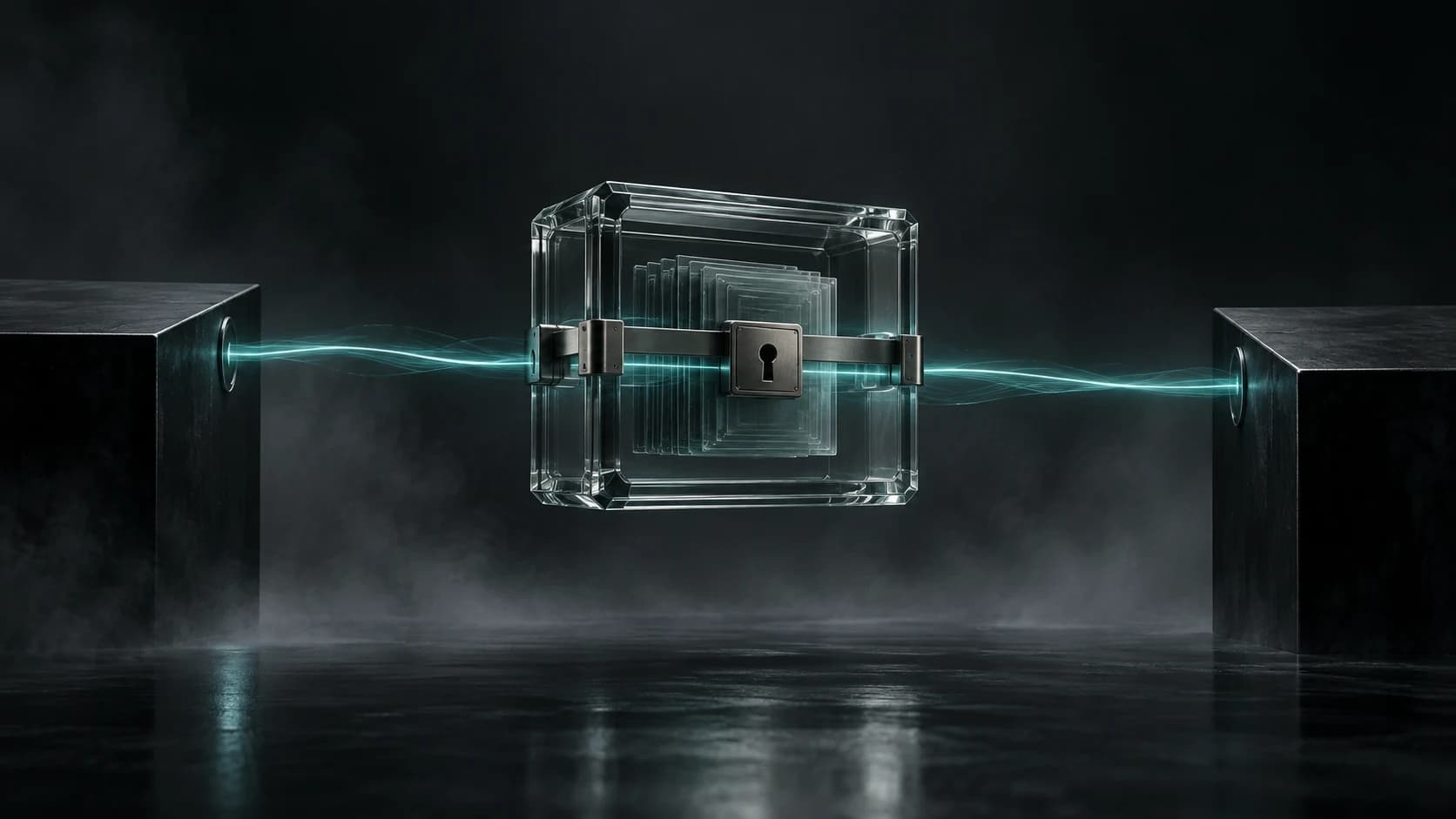 A sealed glass archive suspended between two dark platforms by a fine teal light path.