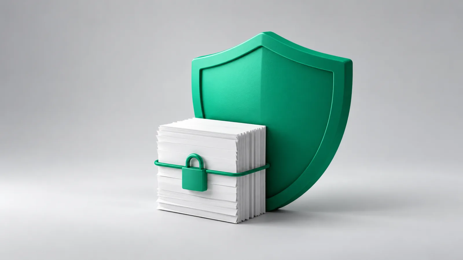 A large emerald shield standing behind a small stack of documents tied with a padlocked band.