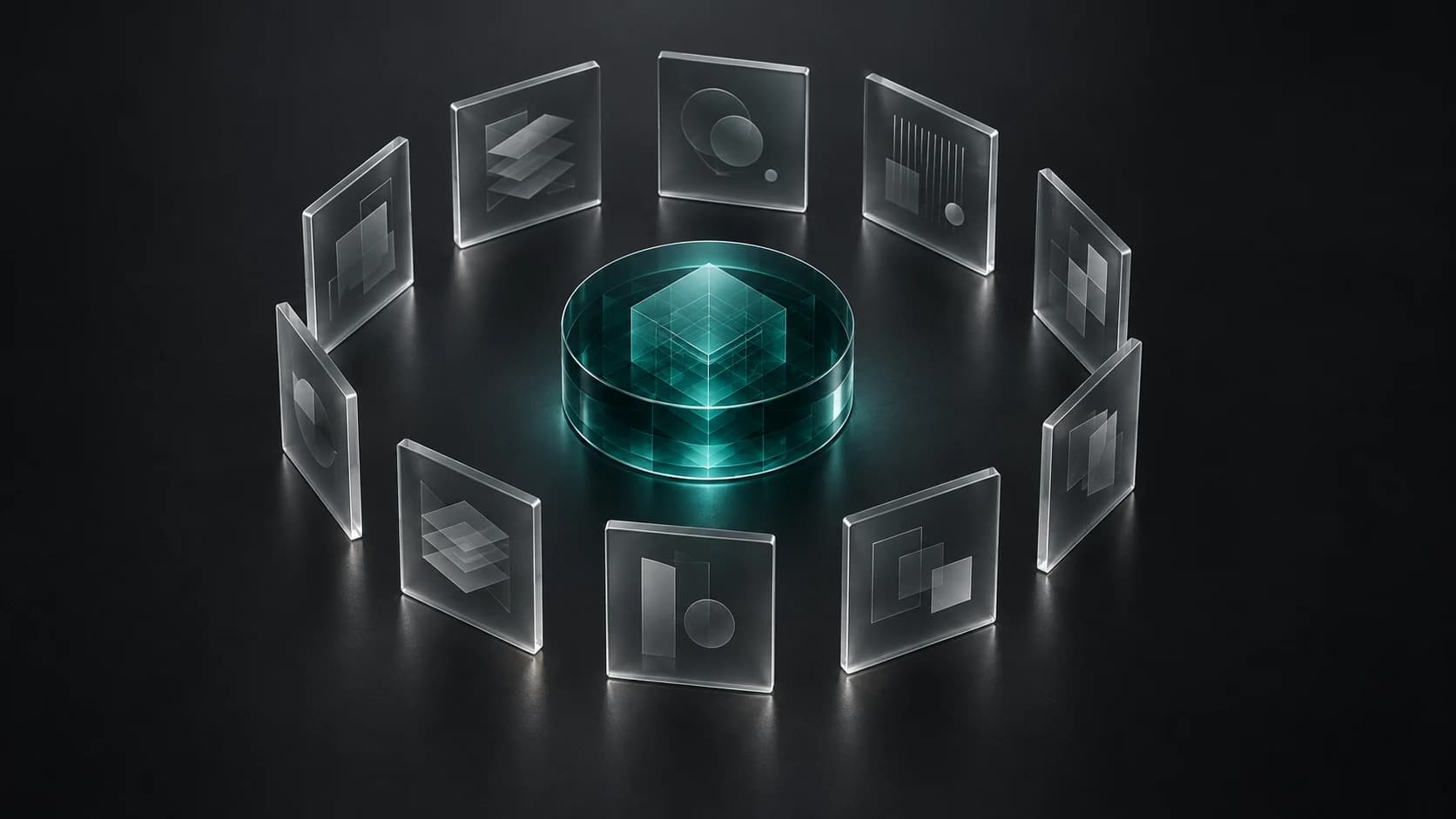 A small group of glass modules arranged around a protected teal core.