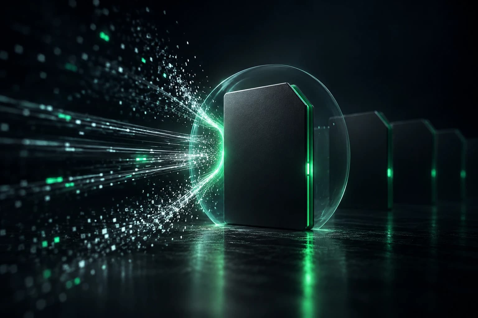 A stream of data breaks into scattered noise against a sealed, protected file, so nothing readable reaches an AI tool.