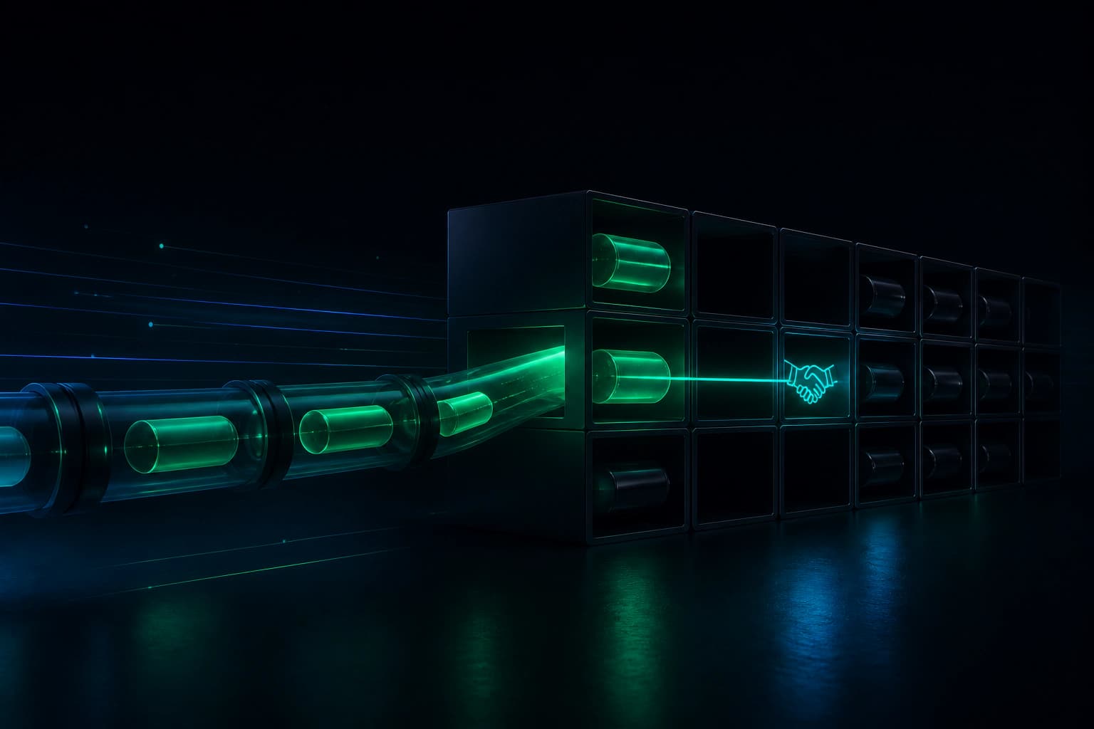 Sealed data capsules traveling into a partner archive; some already dark.