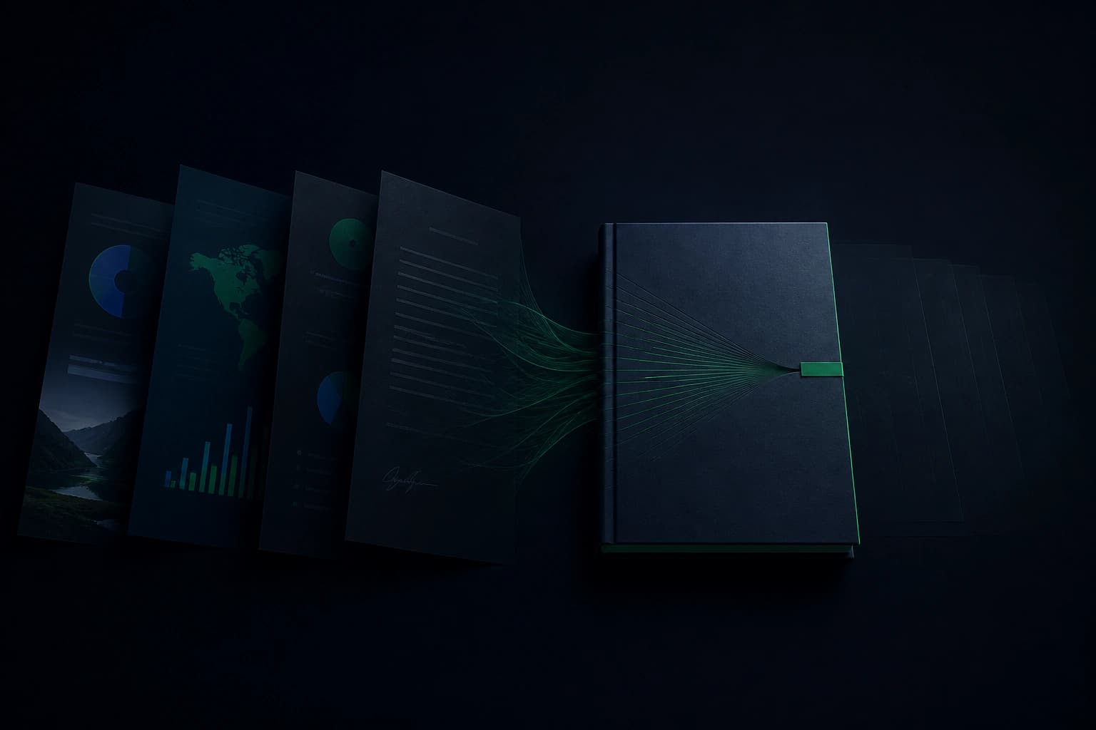 Decks, contracts and reports as objects, with copies fading at the edge.