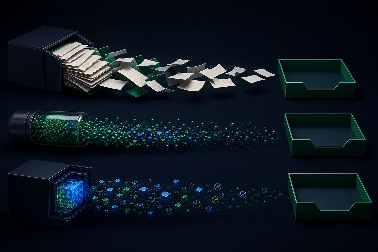 Three streams of documents, data and software leaving a company.