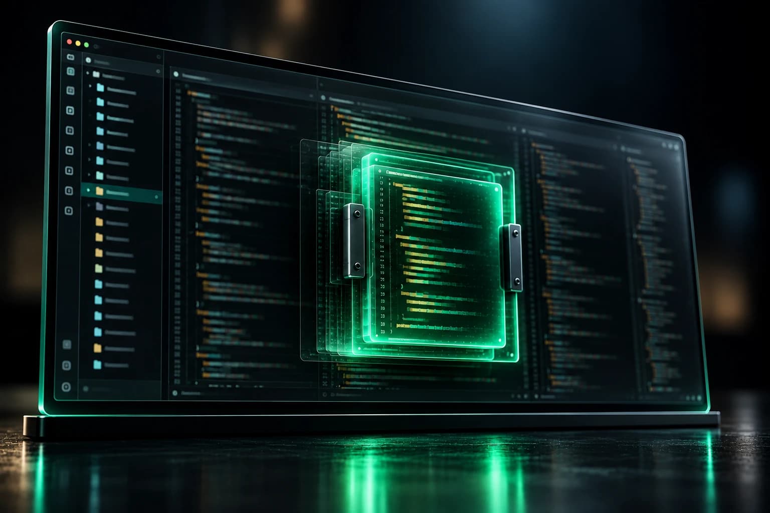 A code editor on a glass screen, with one section of the code held inside a glowing green panel clamped shut with two latches.