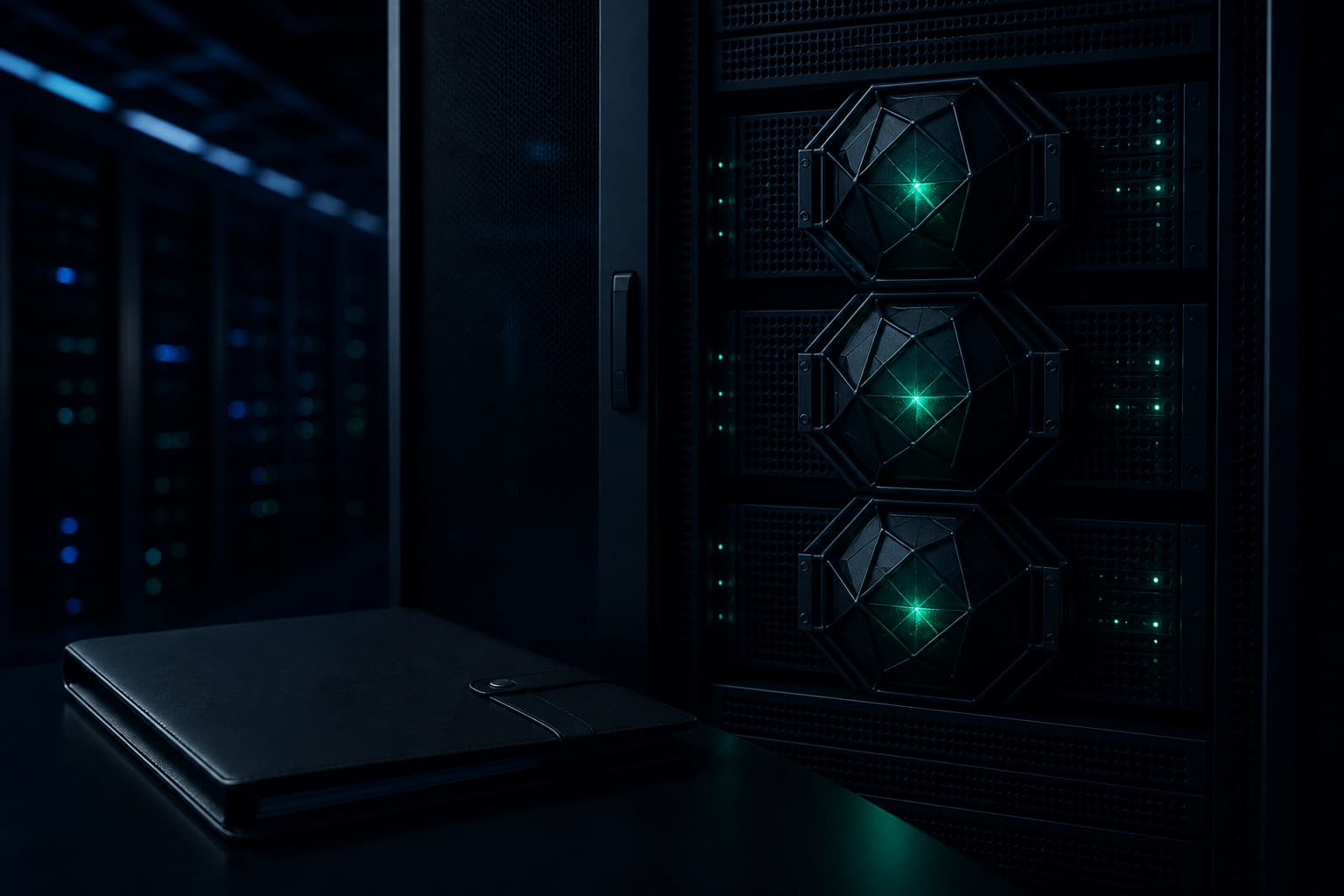 Locked software cores on a customer server rack, dimming.