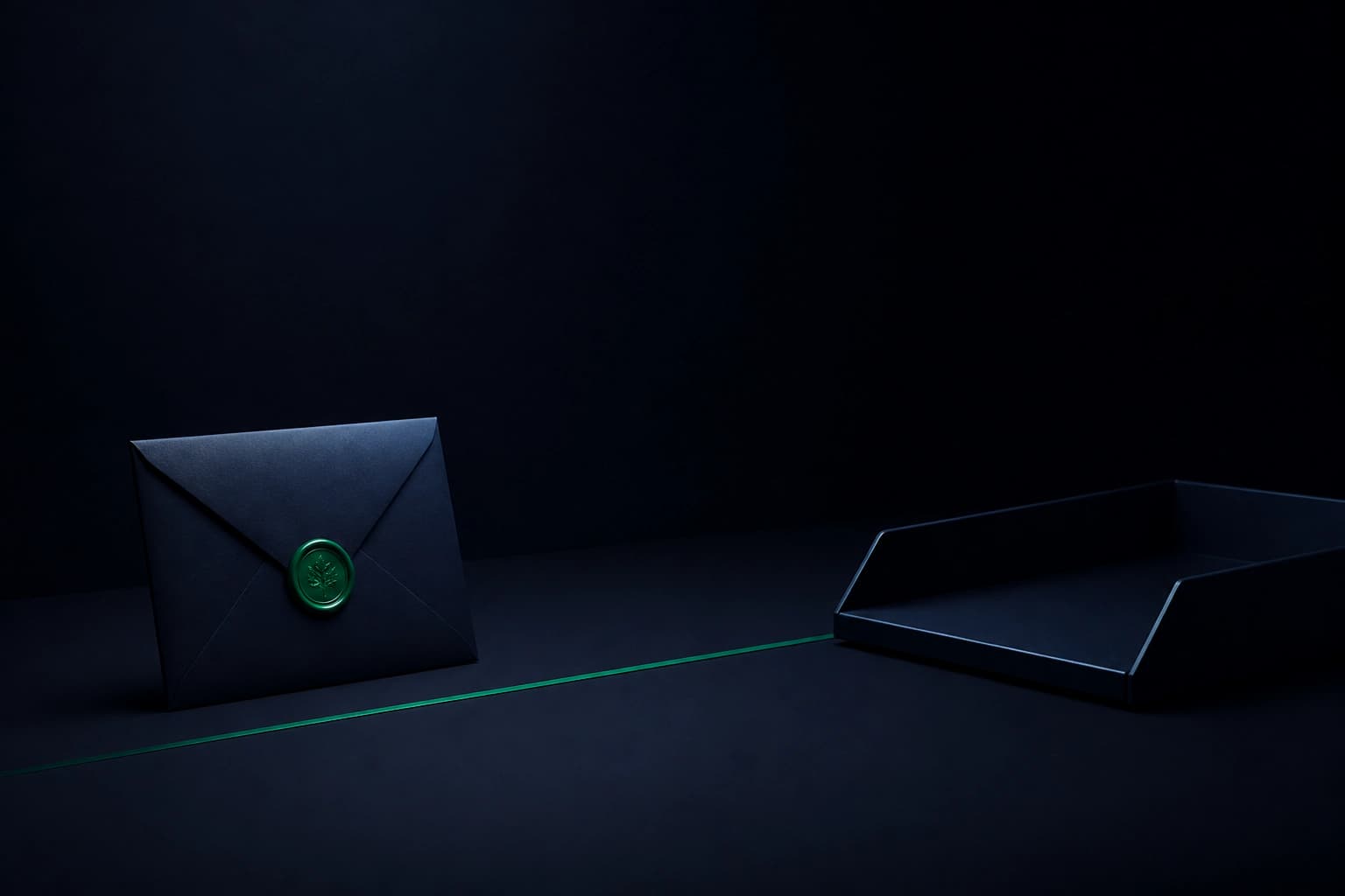 A sealed envelope and an empty inbox tray with a thin reply line.