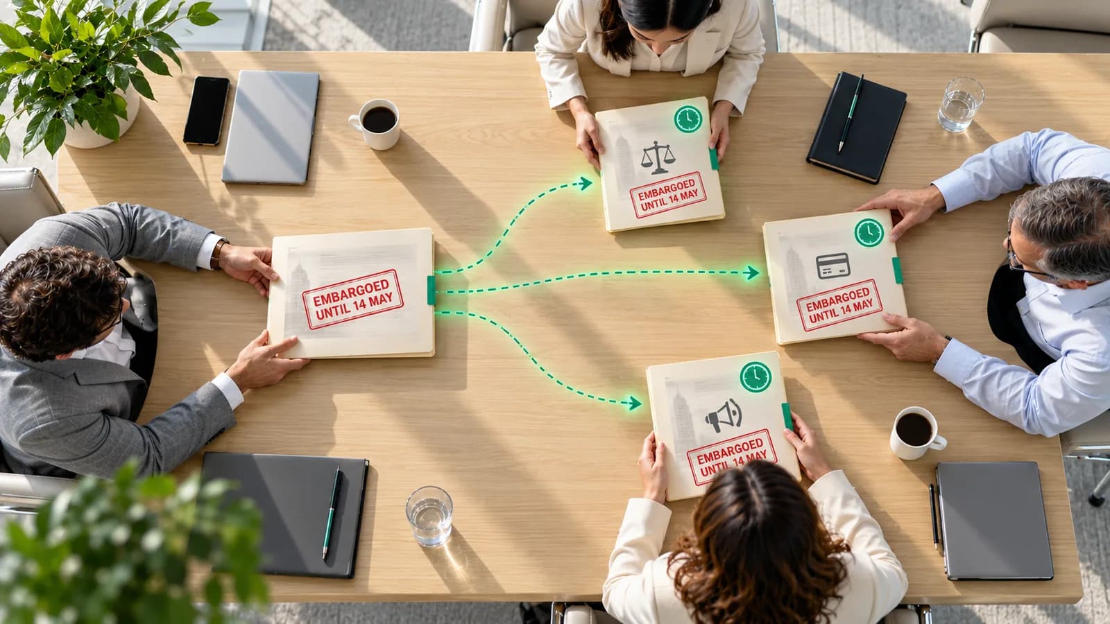 Seen from above at a sunlit meeting table, a folder stamped Embargoed until 14 May goes to three advisers, a law firm, a bank and a PR agency, each copy marked with a green clock.