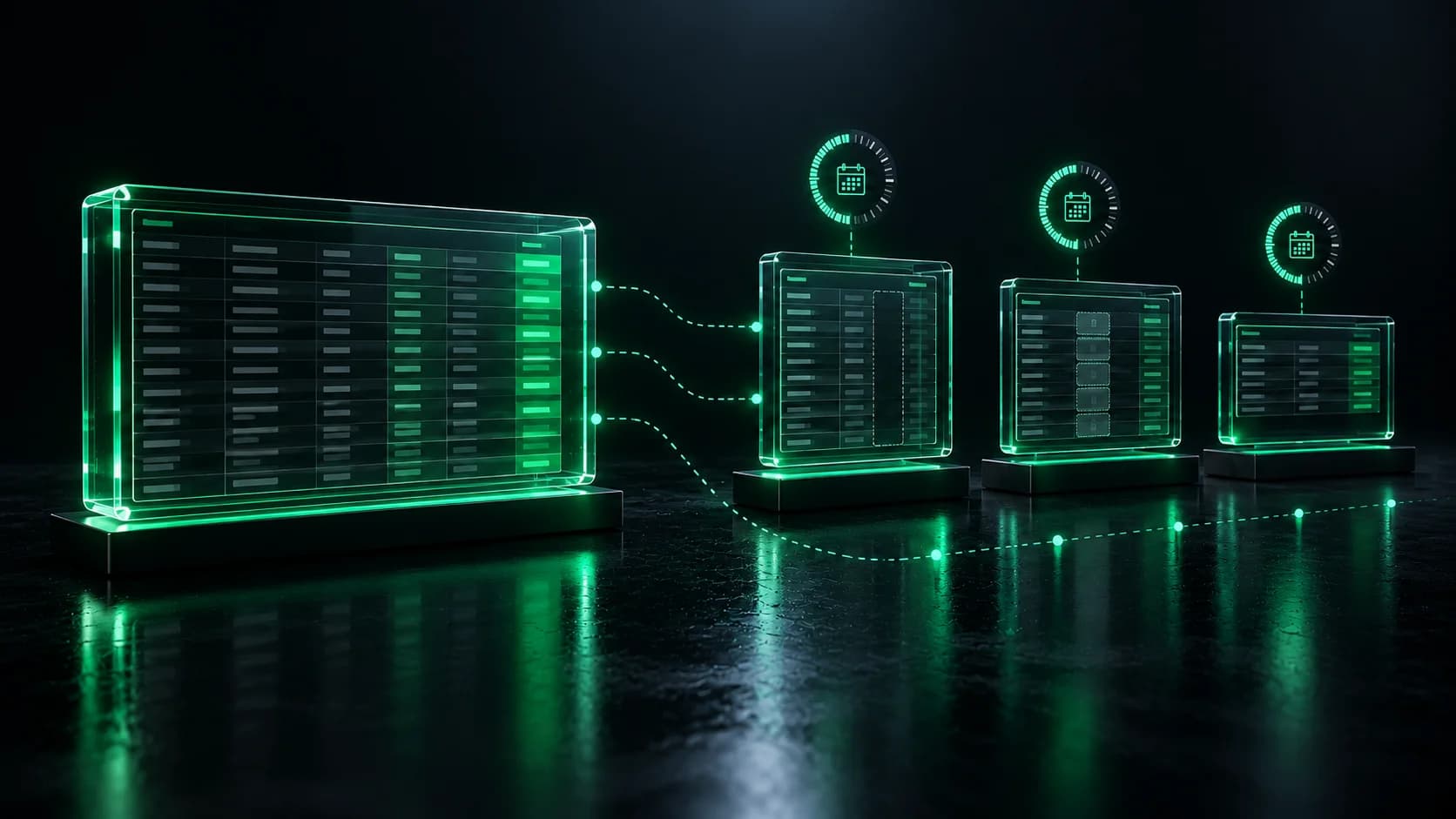 A large glowing data table linked to three smaller tables, one missing a column, one with a sealed column and one with fewer rows, each under an end date ring.