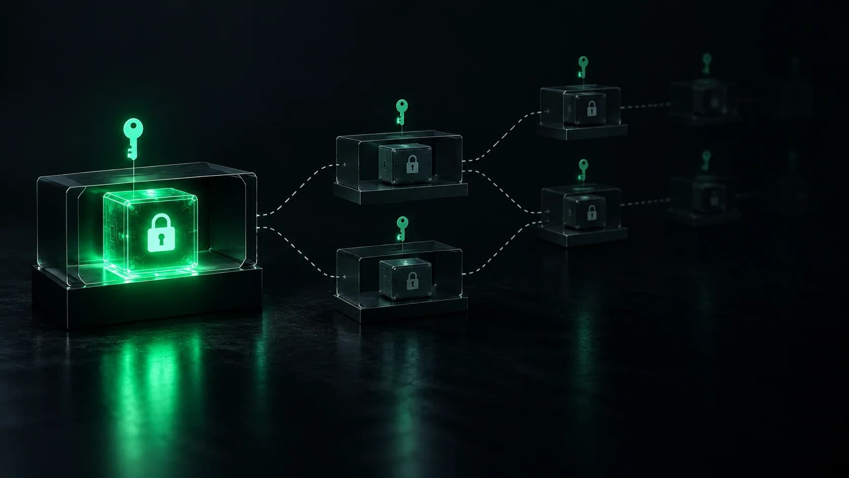 A chain of subcontractor machines each holding locked code modules, with one licence per company.