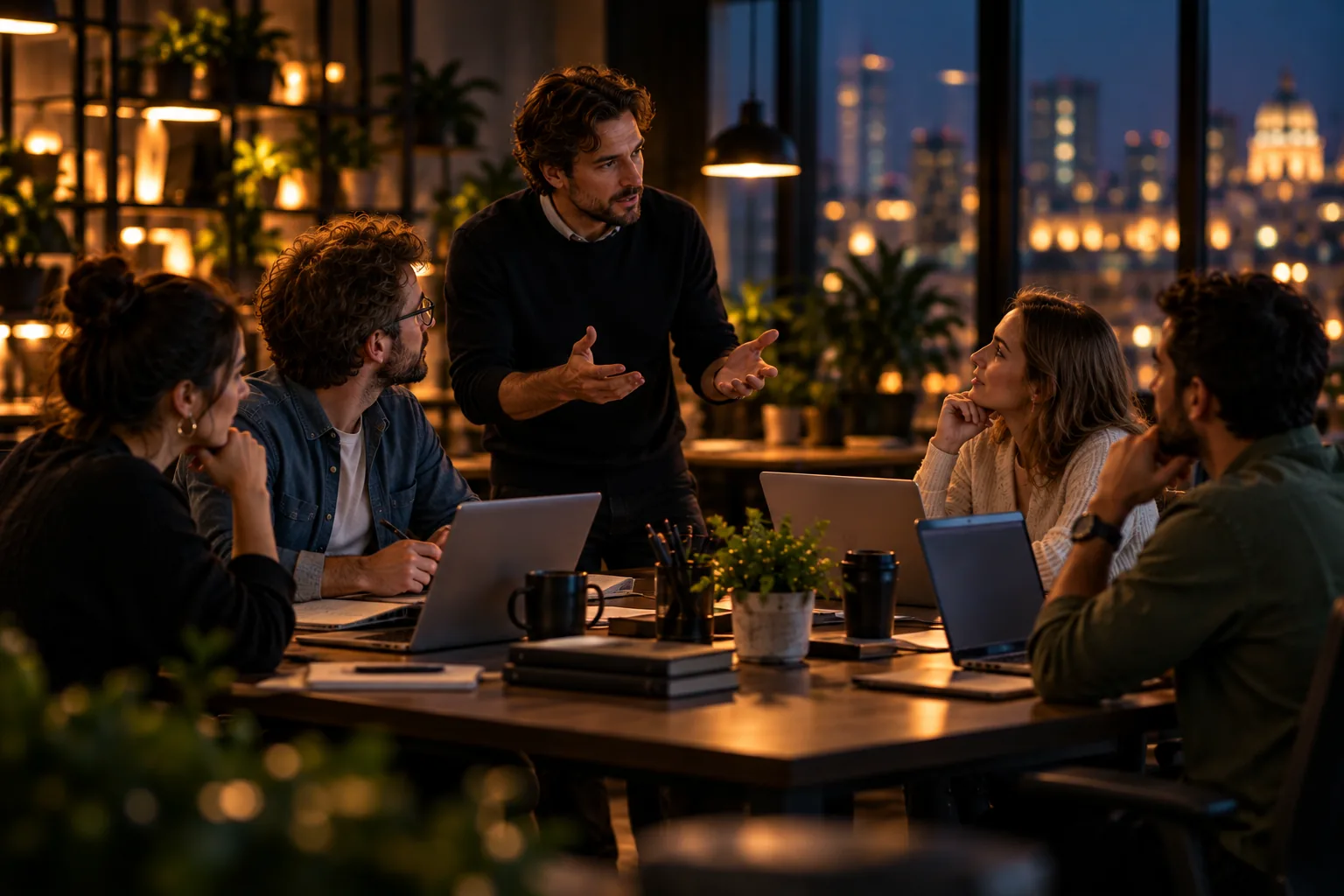 A designer explaining something to a team of four around a table of laptops in a warm, evening studio.