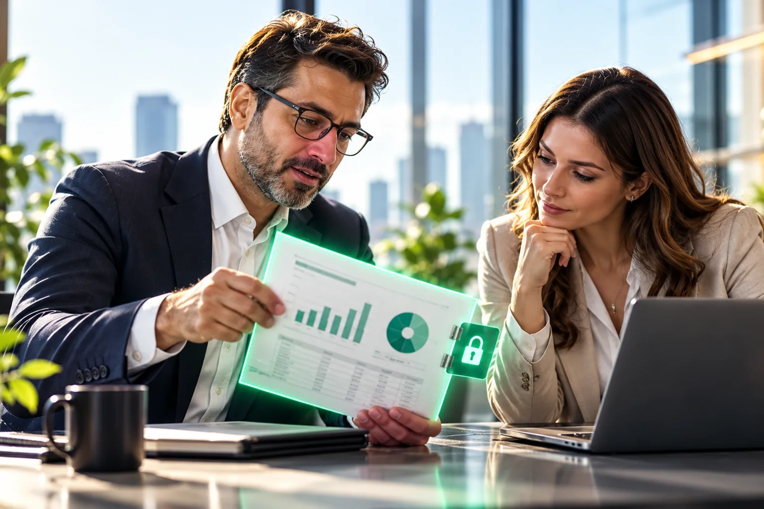 Two colleagues in a bright office reviewing a printed chart with a small padlock on it.