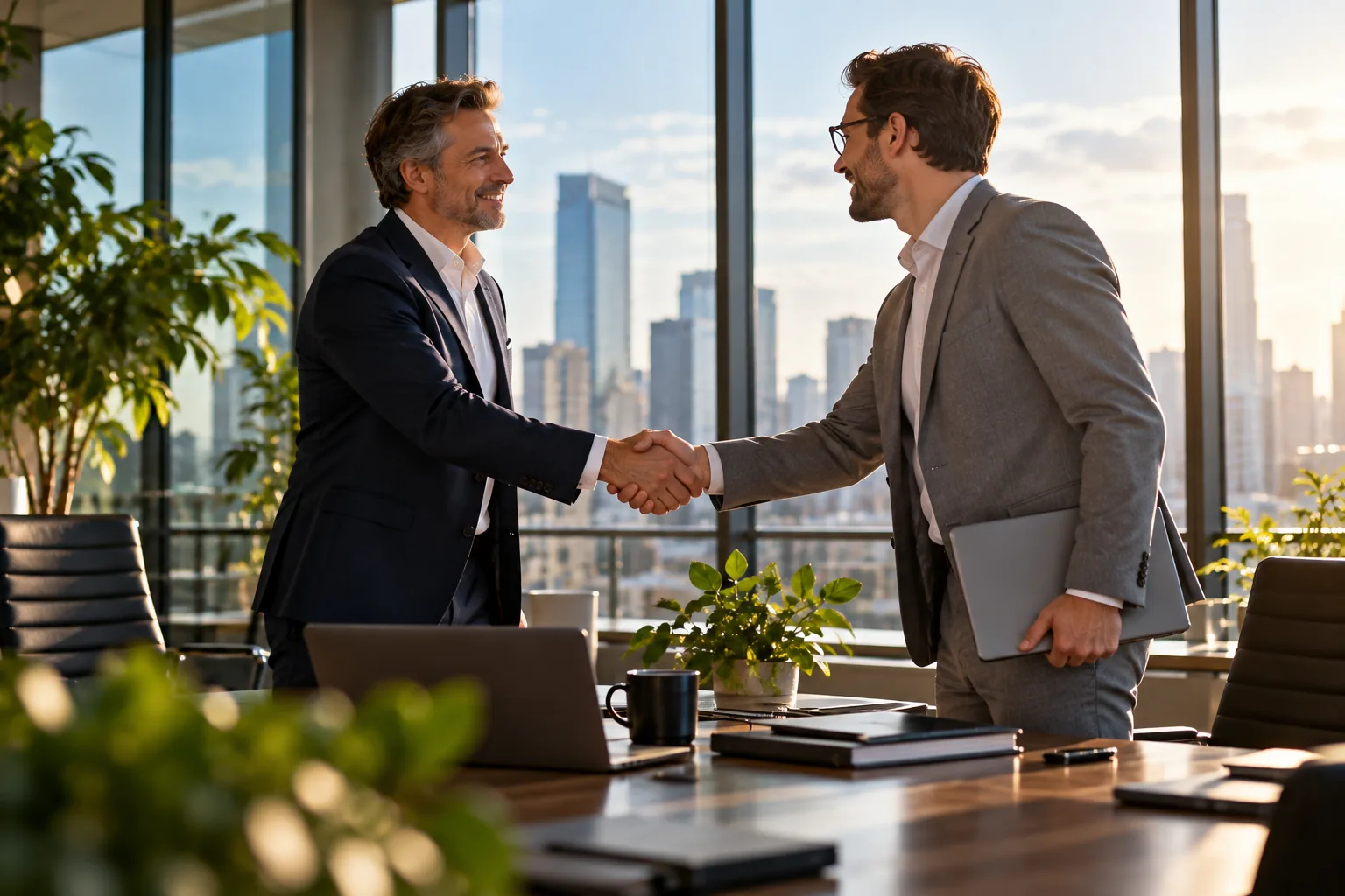 Two business partners shaking hands in a bright office with a city skyline behind them.