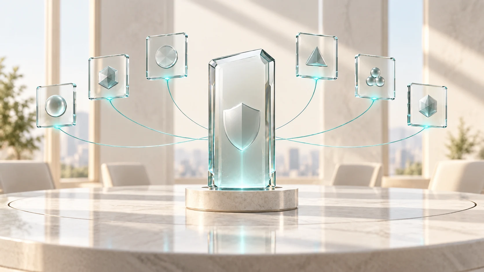 Six glass panels connected to a central protected glass monolith in a dark boardroom.