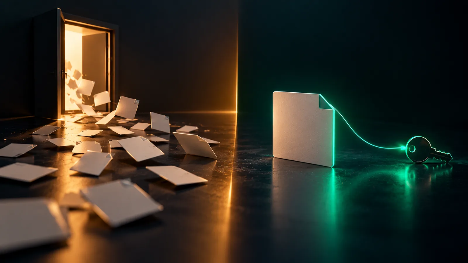 An open doorway with loose files spilling out, next to a single file that keeps its own thread back to a key.