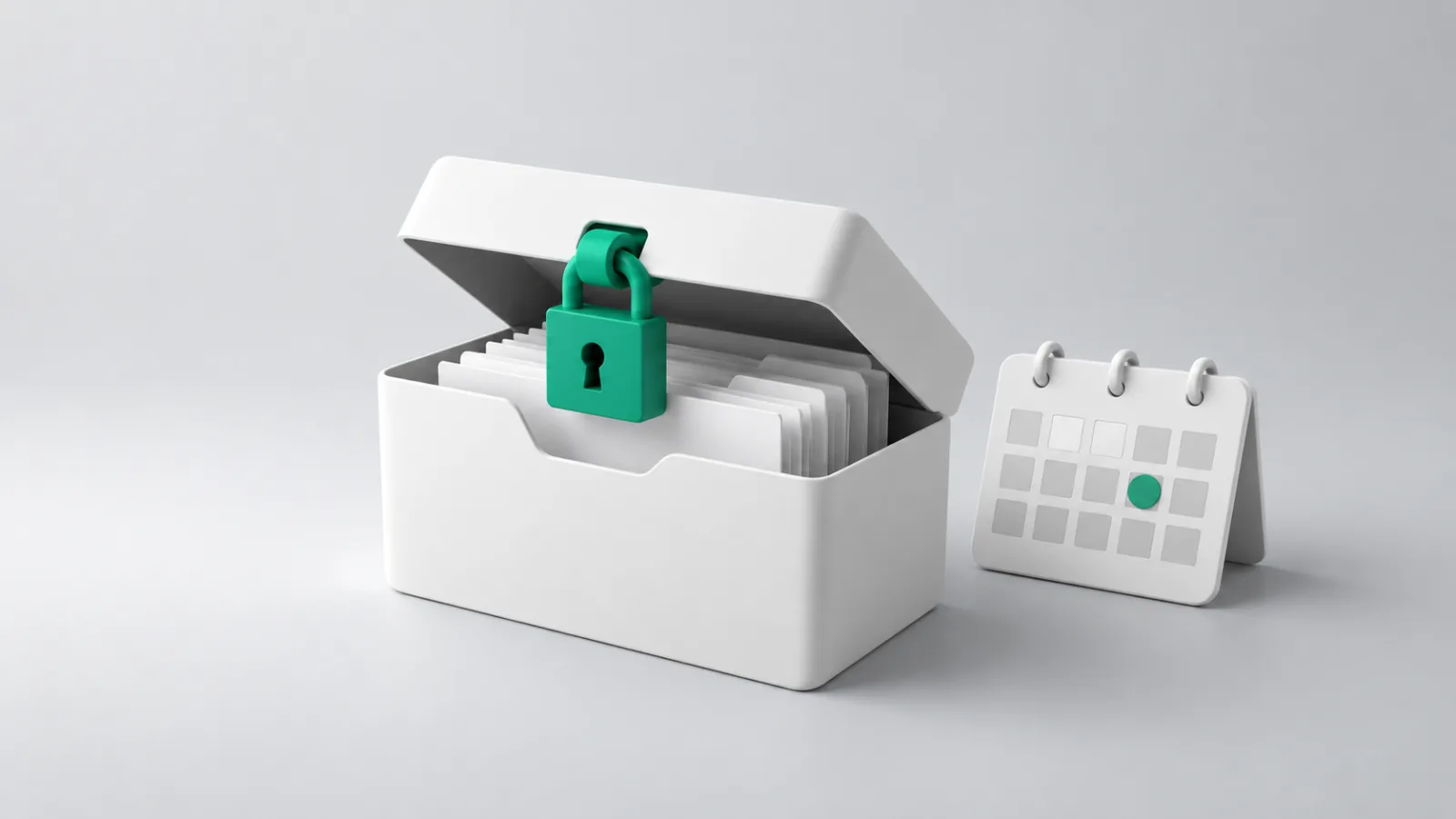 A box of files locked with an emerald padlock, beside a calendar with one closing day marked.