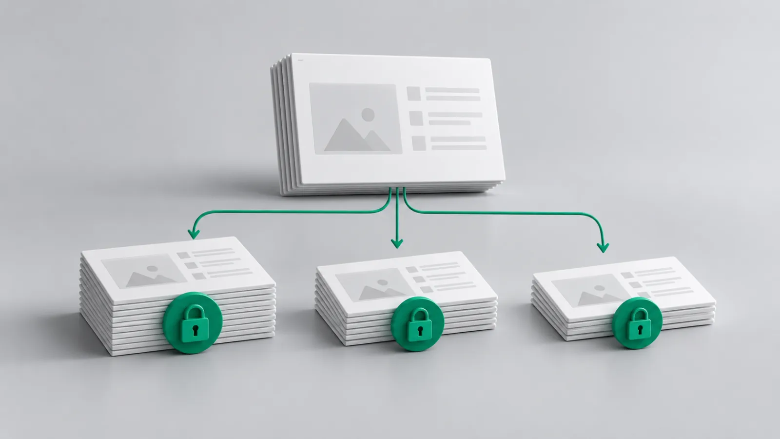 One slide deck splitting into three smaller stacks of different sizes, each sealed with an emerald padlock.