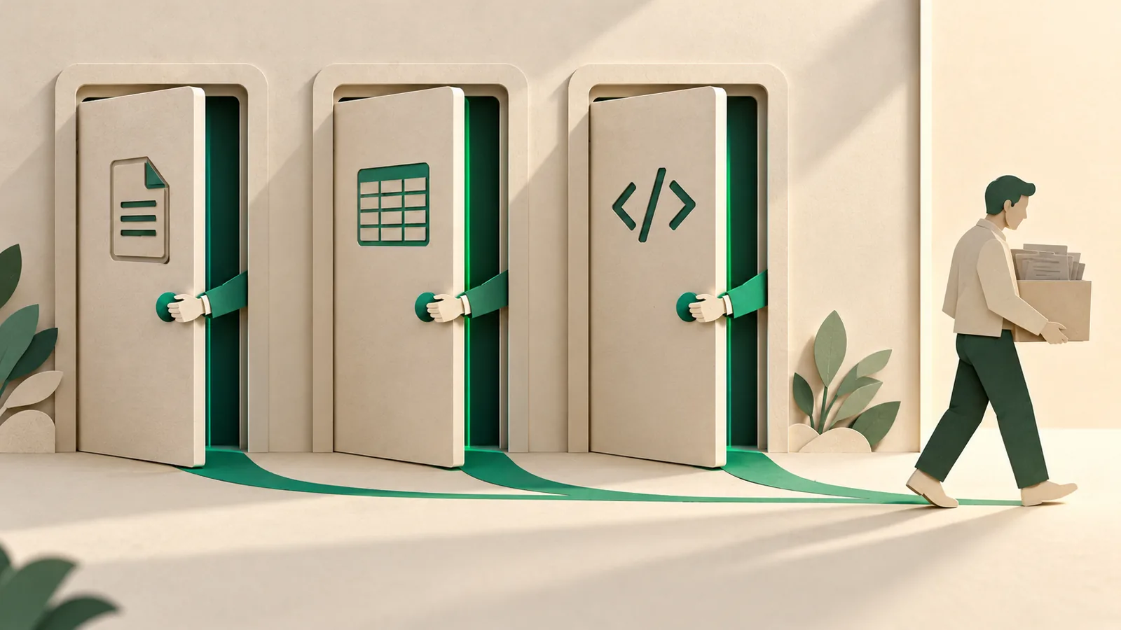 Three doors for documents, data and code closing as a person leaves with a box of files.