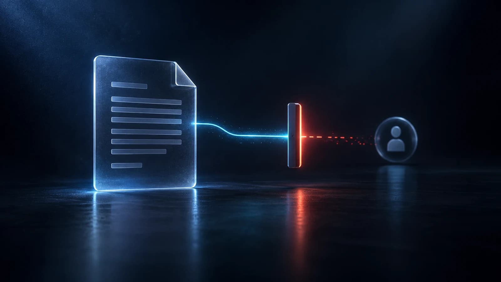 A protected document connected to a recipient through a glowing access checkpoint, the light turning from solid blue to broken red once access is revoked.
