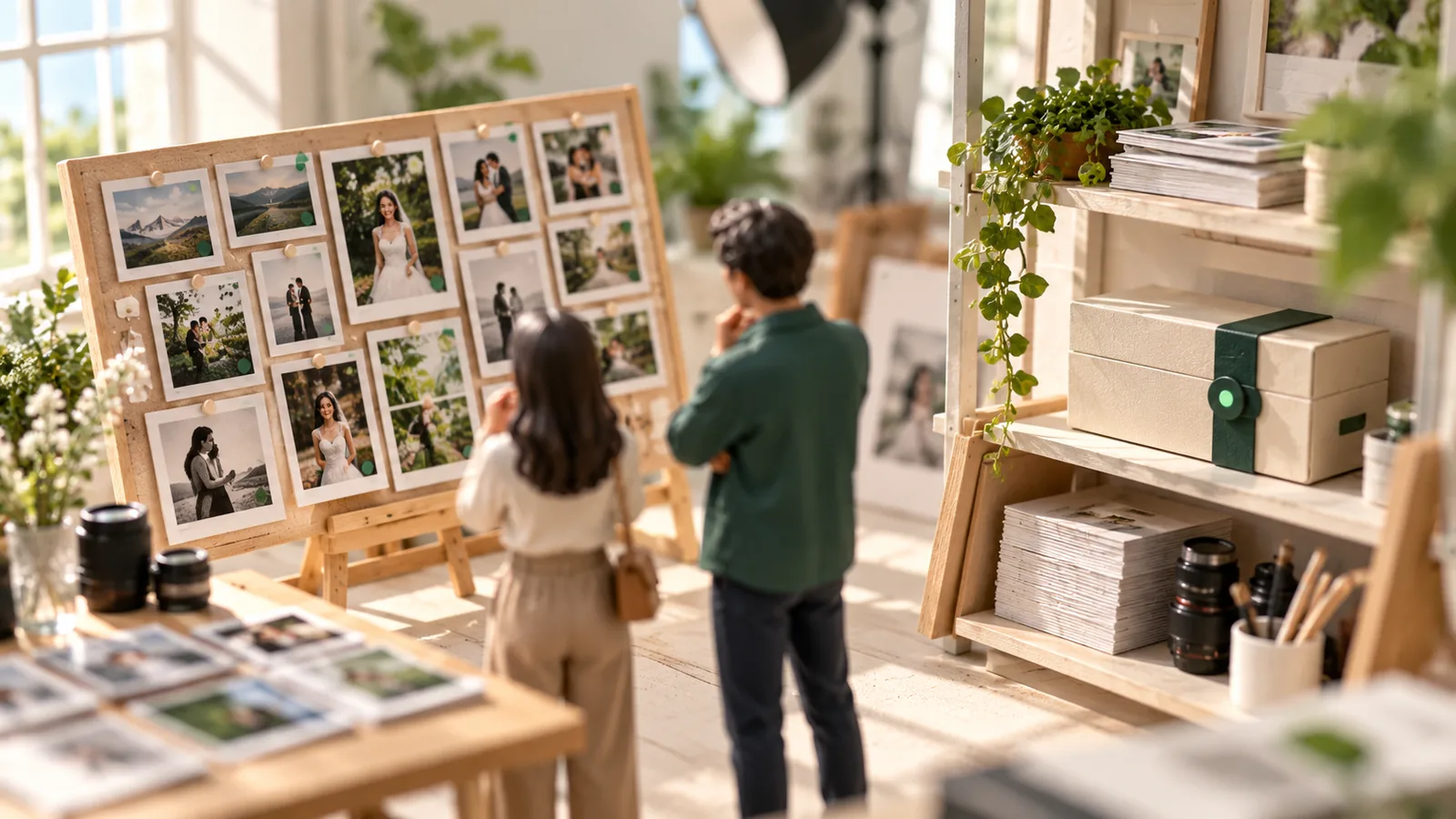 Two clients choosing proof photos from a board while the final prints stay in a sealed box on the shelf.