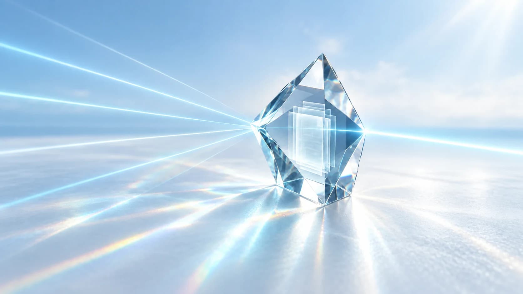 A faceted glass prism holding abstract document layers as several teal paths meet and fade.