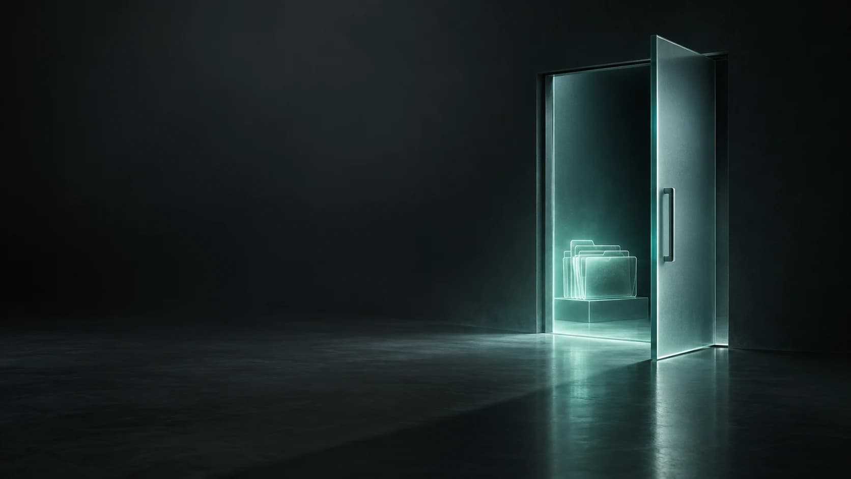 An open glass doorway containing a small stack of glowing glass folders.