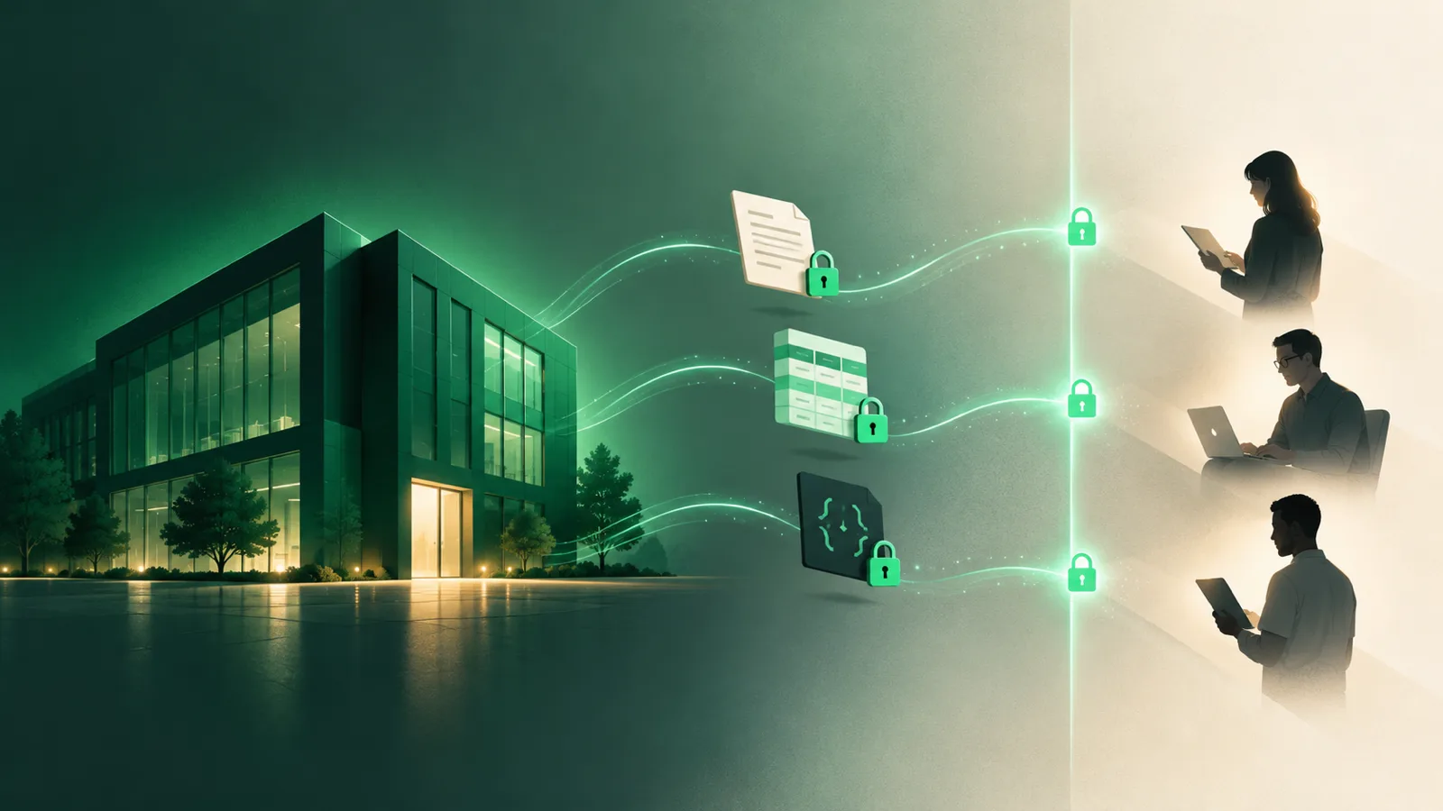 A company building sends a document, a dataset and a code file, each with its own lock, across a glowing boundary line to three people on the other side.