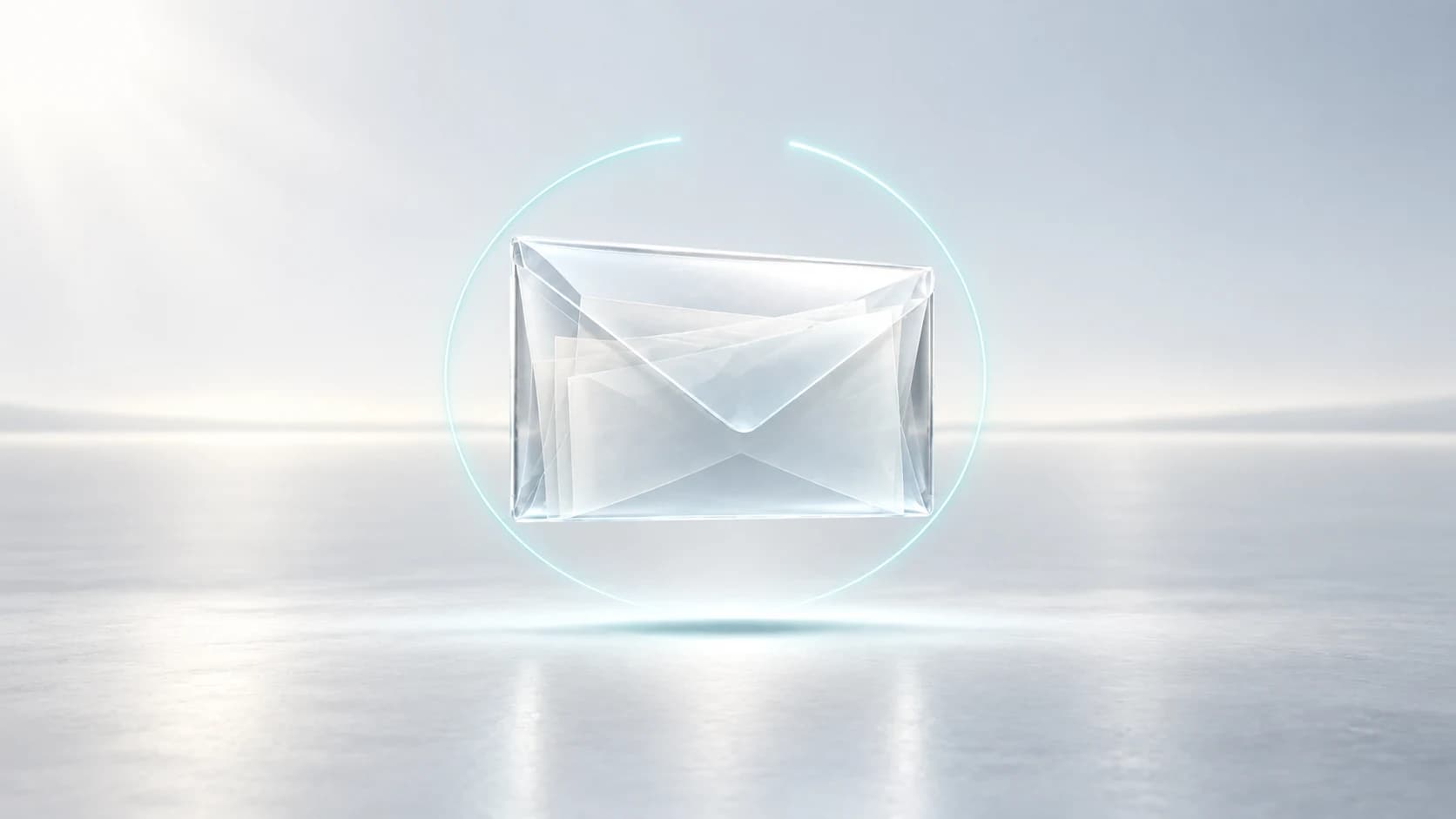 A translucent glass proposal envelope held inside a fine teal closing ring.