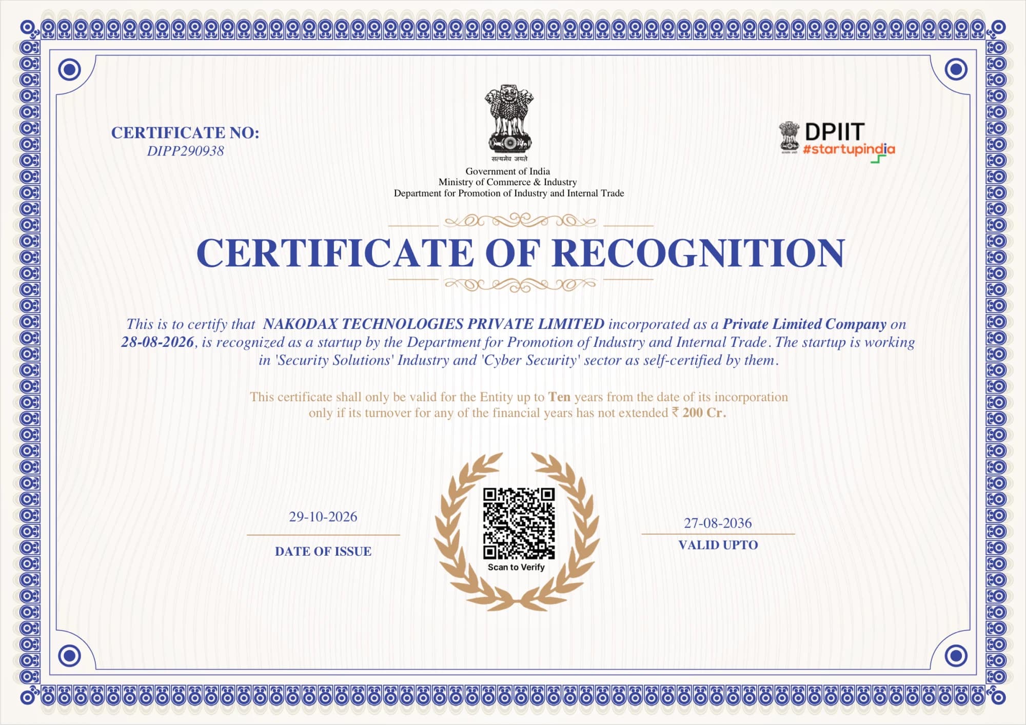 Certificate of Recognition from the Department for Promotion of Industry and Internal Trade, Government of India, issued to NakodaX Technologies Private Limited.