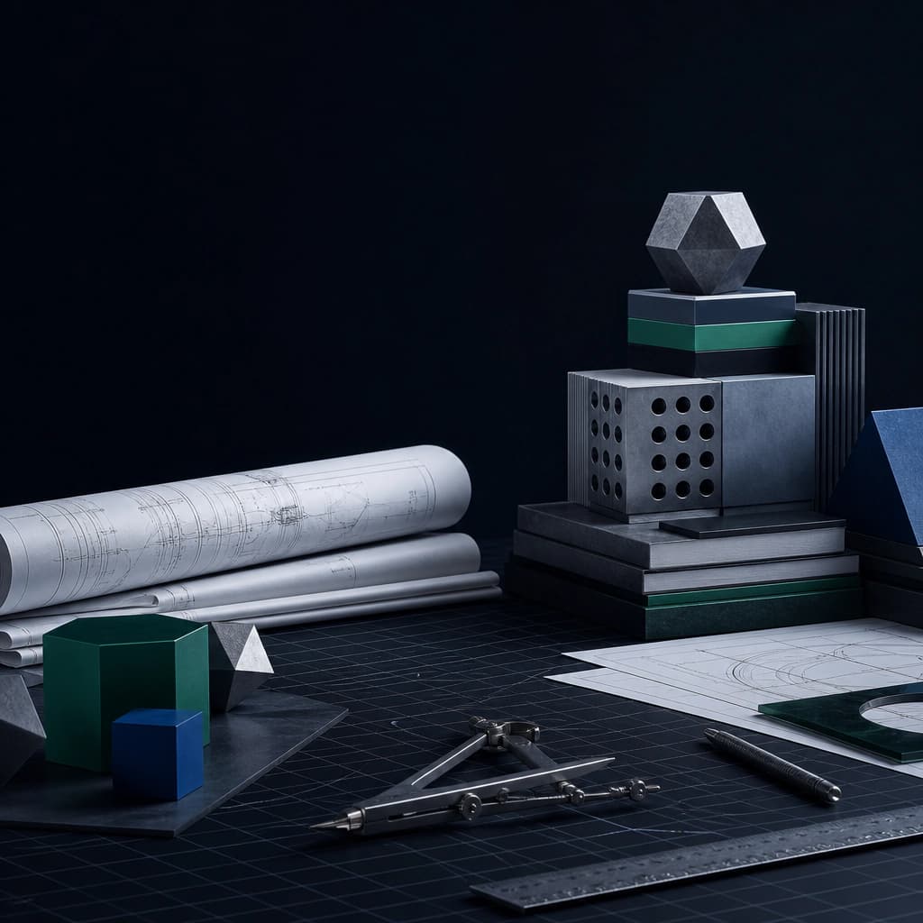 A workshop still-life of drafting tools, drawings and finished modules.