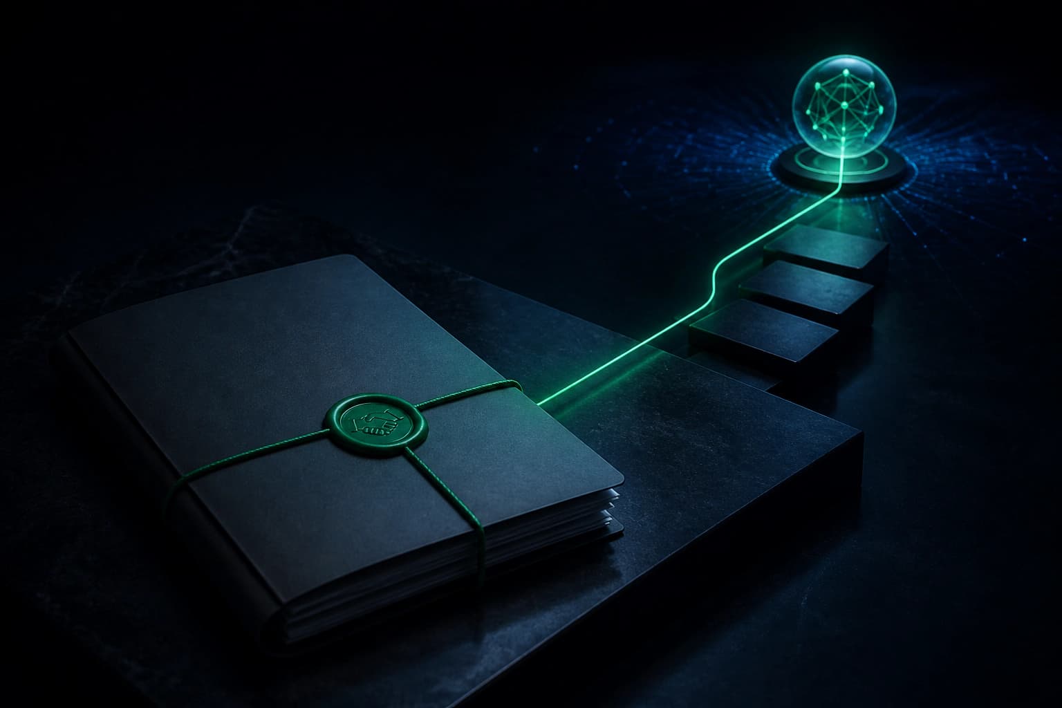 A sealed file connected by a thin line to a distant control node.