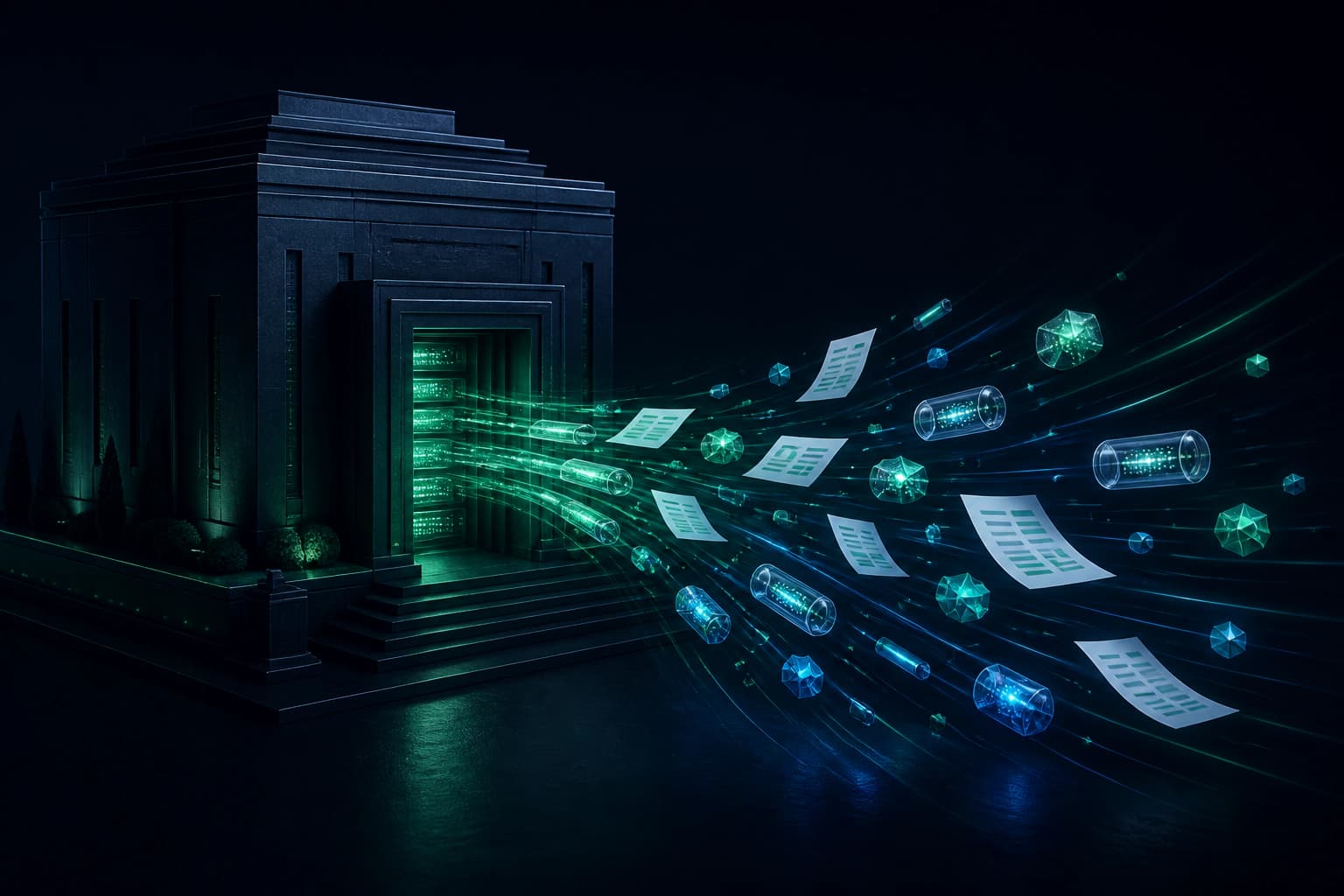 Documents, data and software streaming out of a secure building.