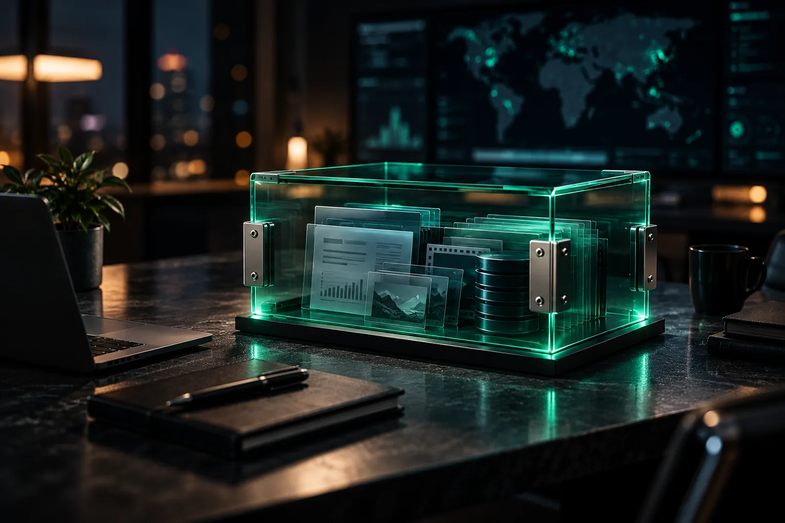 A glass vault glowing green on a dark desk, holding documents, charts, images and a stack of data.