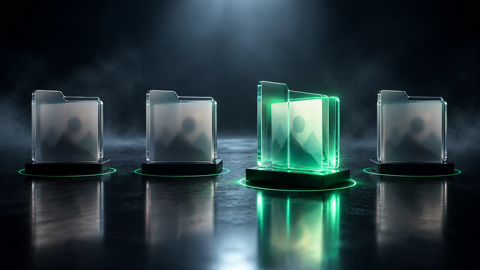 Four glass folders in a row holding the same creative brief; one glows green and open, three are frosted and closed.