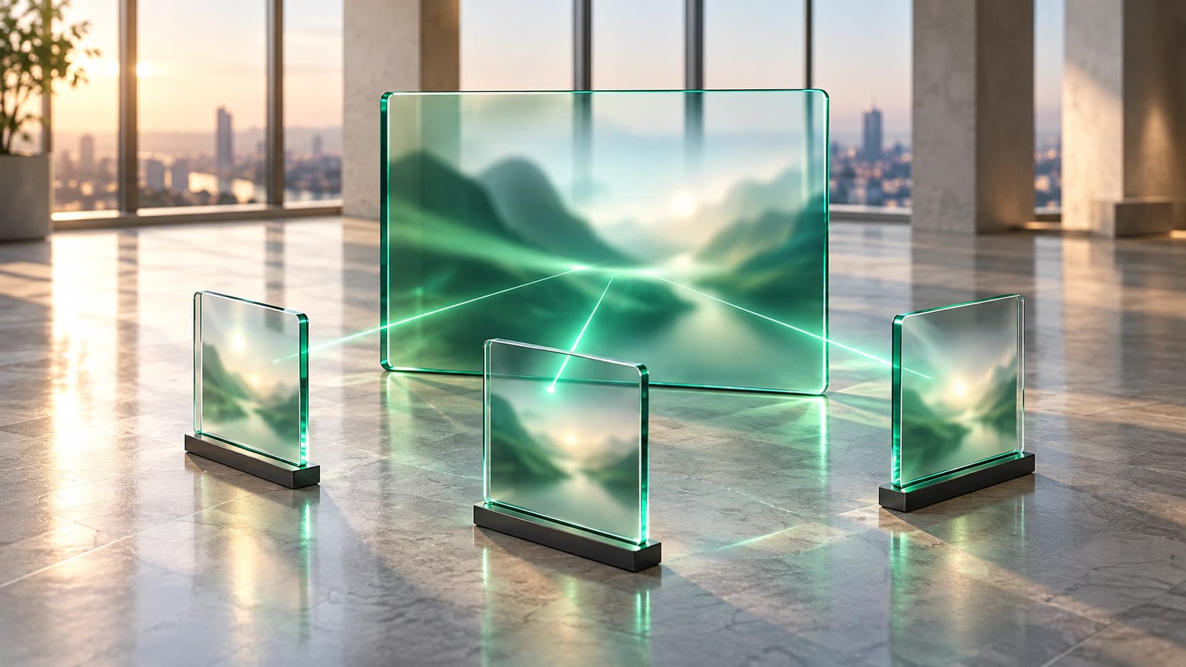 A glass monitor showing an abstract campaign visual, with thin green light reaching three separate glass viewing panes.