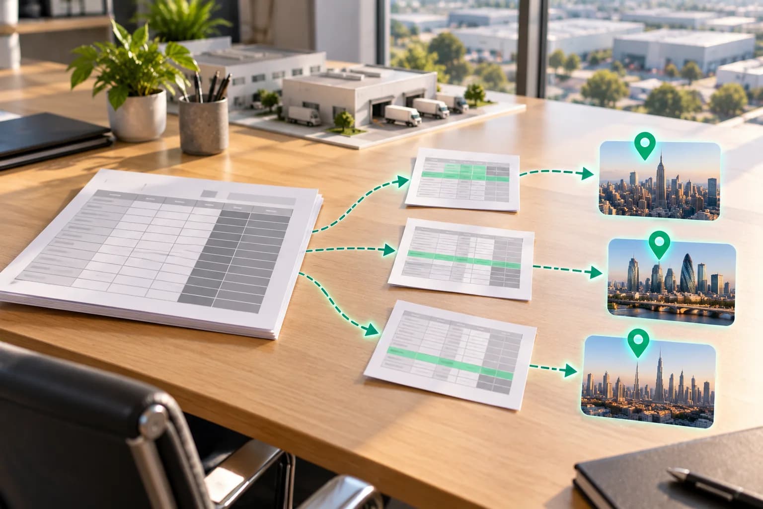 A large printed spreadsheet on a desk sends three smaller sheets, each with different rows highlighted and some columns greyed out, along green dashed arrows to three city skylines.
