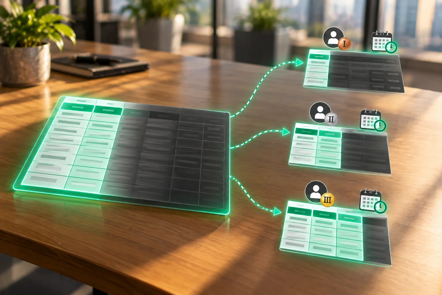 A wide data table on a desk sends three smaller tables along green dashed arrows, marked I, II and III, with one, two and three lit columns, each beside a calendar and clock for its end date.