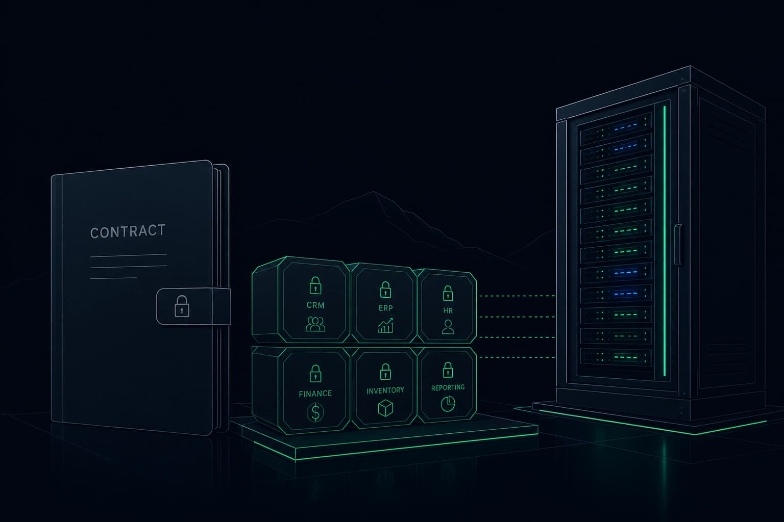 A sealed contract beside locked software modules and a customer’s server rack.