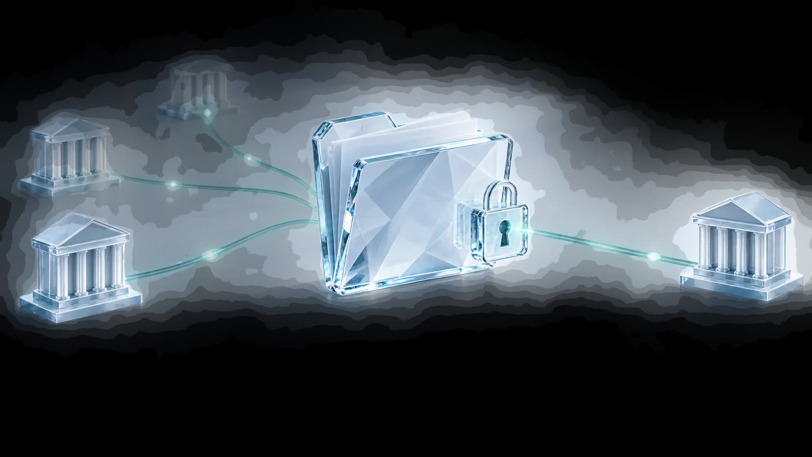 A protected glass financial folder connected to several potential lenders by fine teal paths.
