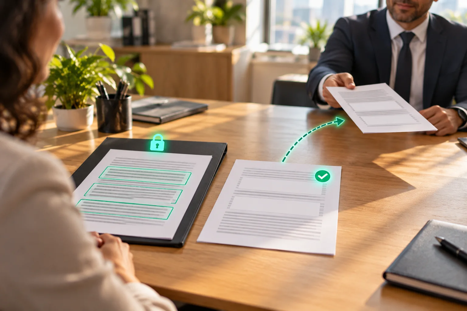 Two pages on a meeting table: the original in a locked folder with three passages outlined in green, and a redacted copy with clean gaps and a green tick, which a man across the table receives.