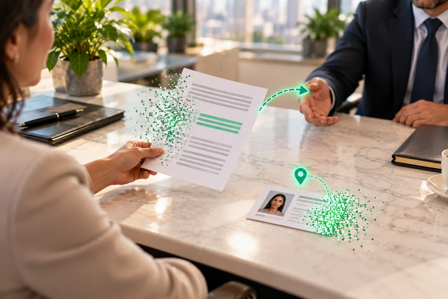 A woman holds a bank statement and an ID card on a marble desk. Most of the lines dissolve into green particles, a location pin lifts off the card, and a man across the table receives the redacted statement.