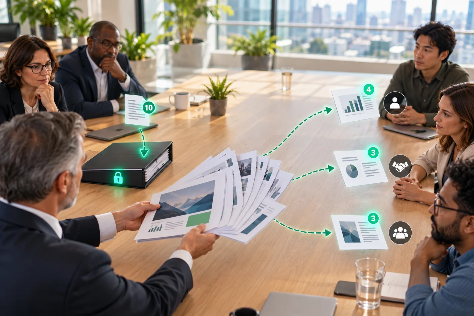 At a boardroom table, a CEO fans a stack of slides. Ten go into a locked folder for the board, and the rest travel along green dashed arrows to an employee, a partner and a group, marked 4, 3 and 3.