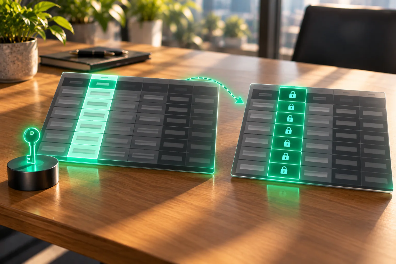 A data table with one column lit green sends a copy along a green dashed arrow to a second table where that column is replaced by locked tiles, with a glowing key standing beside the first table.